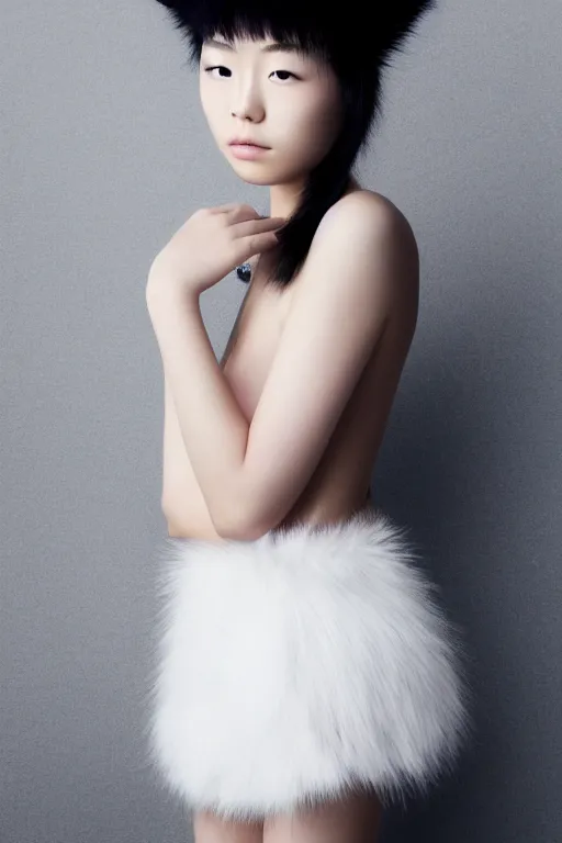 Image similar to full body aesthetic photograph of a beautiful young japanese woman wearing furry white cat ears, by Nick Knight, headshot, realistic, photorealistic, HD, 4k resolution