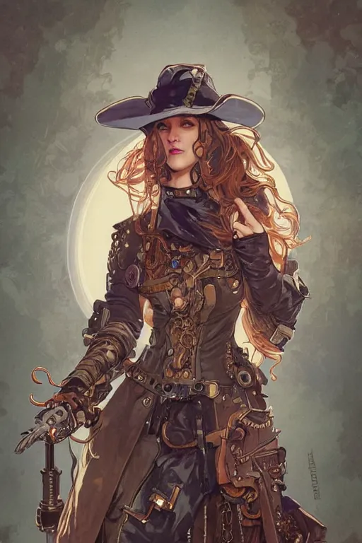 Image similar to drew barrymore steampunk half - cyborg cowgirl, pelt coats, high fantasy, dnd, smooth, sharp focus, illustration, highly detailed, digital painting, artstation, concept art, by rossdraws, alphonse mucha, frank fanzzeta, collectible card art