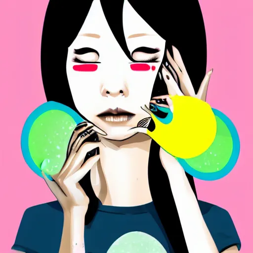 Image similar to a Harajuku girl with huge tears dripping down her face, illustration