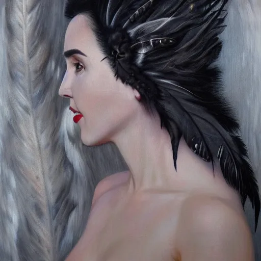 Prompt: detailed realistic oil painting youthful young jennifer connelly with black feathers instead of hair, dark fae, black lips, gray mottled skin, feathers growing out of skin, feathers growing from arms, black hands with long black claws, pale and sickly, profile view, gothic