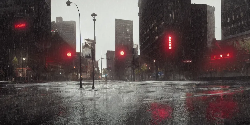 Prompt: satanic panic could never prepare itself for downtown denver with heavy rain, cinematic, ultra - realistic, ultra - detailed, octane render, unreal engine 5, depth of field