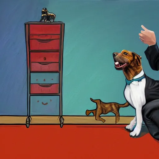 Prompt: A beautiful painting of a man, with what appears to be a dog, in a business suit with a suitcase. The man's eyes are wide and his mouth is open, as if he is screaming. The dog is also in a business suit and is looking at the man with a perplexed expression. The background is a swirl of colors and shapes. studio lighting, light violet by Wim Wenders straight