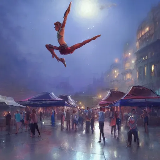 Image similar to concept art, air dancers by farmer's market, 8 k, by james gurney, greg rutkowski, and john howe, background of the sky at dusk, artstation