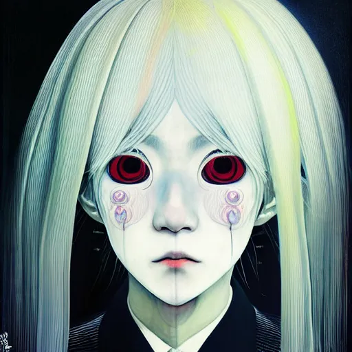 Image similar to yoshitaka amano blurred and dreamy three quarter angle portrait of a girl with white hair and black eyes wearing dress suit with tie, playstation 2 horror game, junji ito abstract patterns in the background, satoshi kon anime, chungking express color palette, noisy film grain effect, highly detailed, renaissance oil painting, weird portrait angle, blurred lost edges