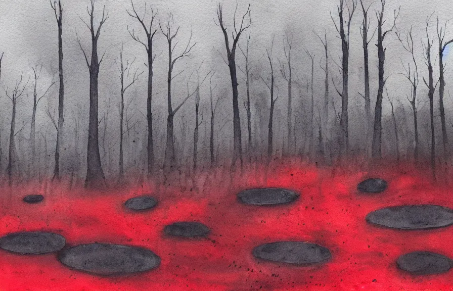 Image similar to graveyard in a dark and gloomy forest and red stream, dark gray sky with red rain, watercolor painting