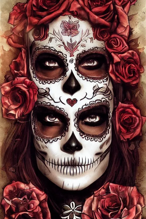 Image similar to illustration of a sugar skull day of the dead girl, art by aleksi briclot