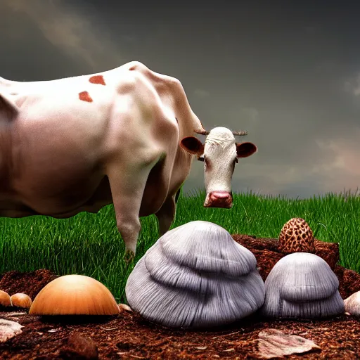 Prompt: accurate photorealistic cow and a bunch of mushrooms growing on the ground, 8 k resolution