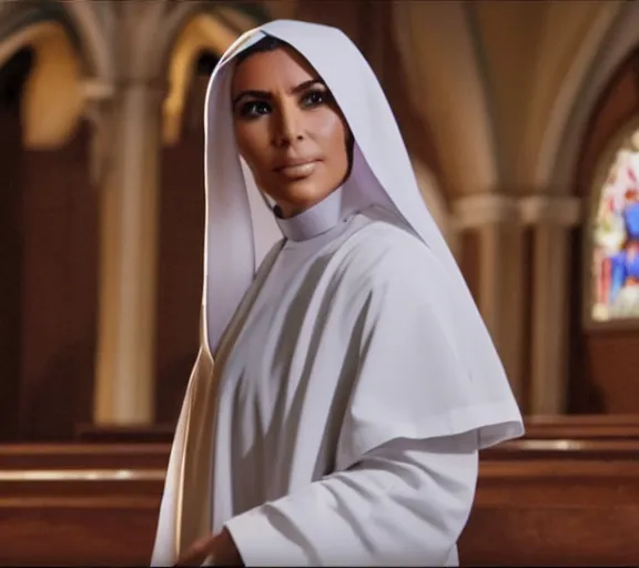 Image similar to a movie still of kim kardashian with a priest as a nun on the alter of a church.