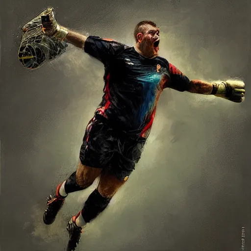 Image similar to A realistic hyperdetailed multi-colored digital oil full body portrait painting of a fat goal keeper jumping saving a shot, black jersey, in the style of Guy Denning, Ruan Jia, and Craig Mullins. Trending on ArtStation and DeviantArt. CGSociety Digital art.