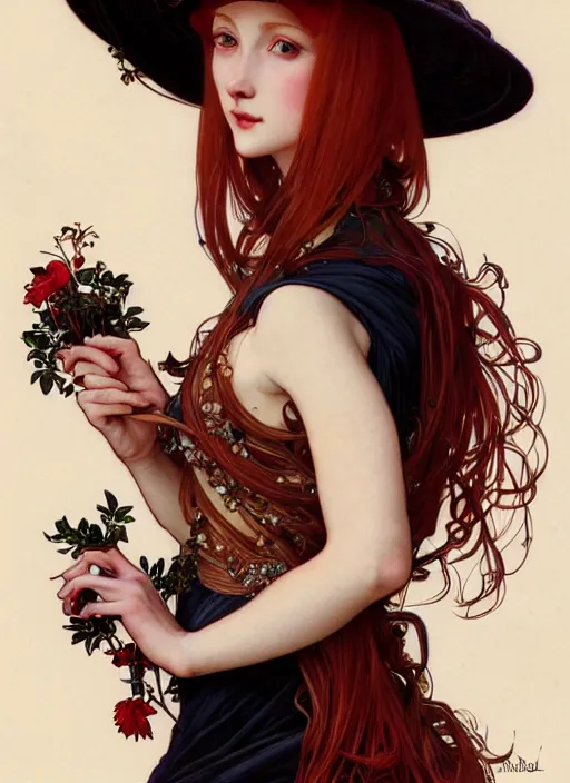 Prompt: a highly detailed illustration of tall beautiful red haired lady wearing black spaghetti strap dress and sun hat, elegant pose, perfect face, perfect body, perfect eyes, by alphonse mucha, intricate, elegant, highly detailed, centered, digital painting, artstation, concept art, smooth, sharp focus, league of legends concept art, wlop.