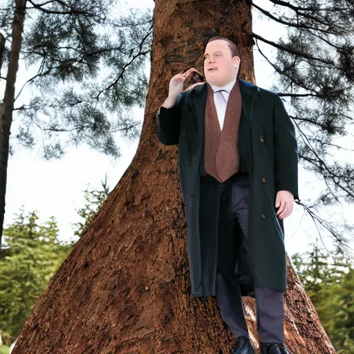 Prompt: White chubby clean-shaven man wearing a chocolate brown overcoat and necktie is sitting near the trunk of a giant evergreen tree; calm, afternoon, clear sky, windy