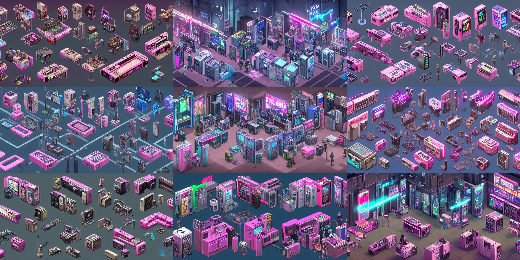 Prompt: game asset of the sims cyberpunk hongkong shadowrun furniture and decor, no characters, in gouache detailed paintings, vending machines, electric poles and box, computer and console and mechanical, vehicles and cockpit, props, stylized, 2 d sprites, kitbash, arcane, overwatch, blue and pink color scheme, 8 k, close up