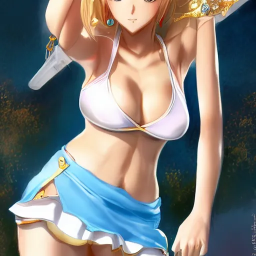 Prompt: full body shot : a very beautiful young blond tennis anime girl, sky blue eyes, golden chains, tattoo, bikini, miniskirt, highly detailed, cinematic wallpaper by stanley artgerm lau