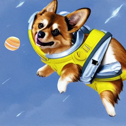 Image similar to corgi floating in space wearing a space suit, photorealism, cute, happy