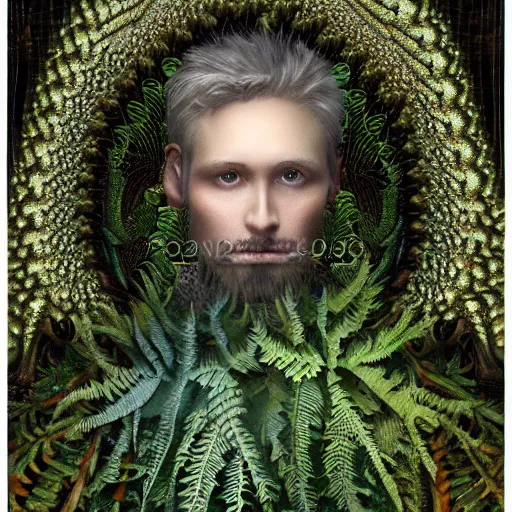 Image similar to an idealistic man, stern face, clear eyes, with shining armour and fractal flowery hair in a fractal garden, glowing delicate flower and ferns that grow in a dark fatansy forest on the planet pandora,