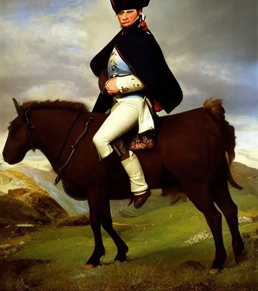 Prompt: gordon ramsay riding a long horn ram in the scottish mountains in the style of napoleon crossing the alps painting by paul delaroche, masterpiece, tartan cape