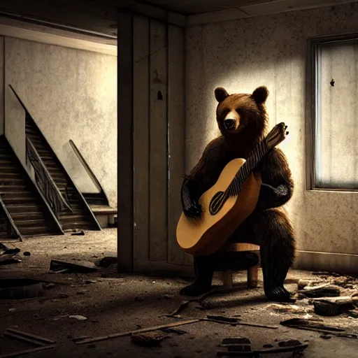 Image similar to realistic bear playing (wooden triangle + guitar neck + sound hole )in an abandoned and desecrated hallway in a cyberpunk lab, ultra realistic, concept art, intricate details, eerie, highly detailed, photorealistic, octane render, 8k, unreal engine, art by Vita Wen