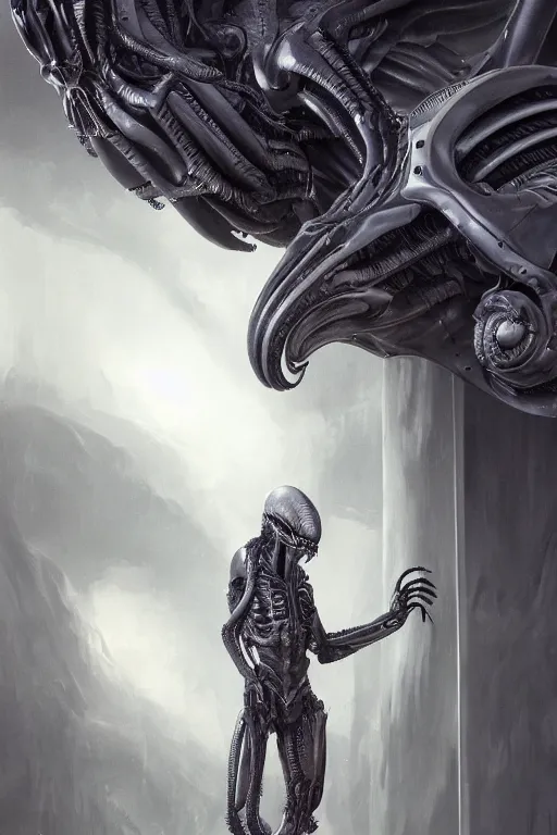 Prompt: ultra realist and ultra intricate detailed soft painting of a metal xenomorph, standing in a futuristic doorway, sensual gloomy style, volumetric clouds, artstation, unreal render, depth of field