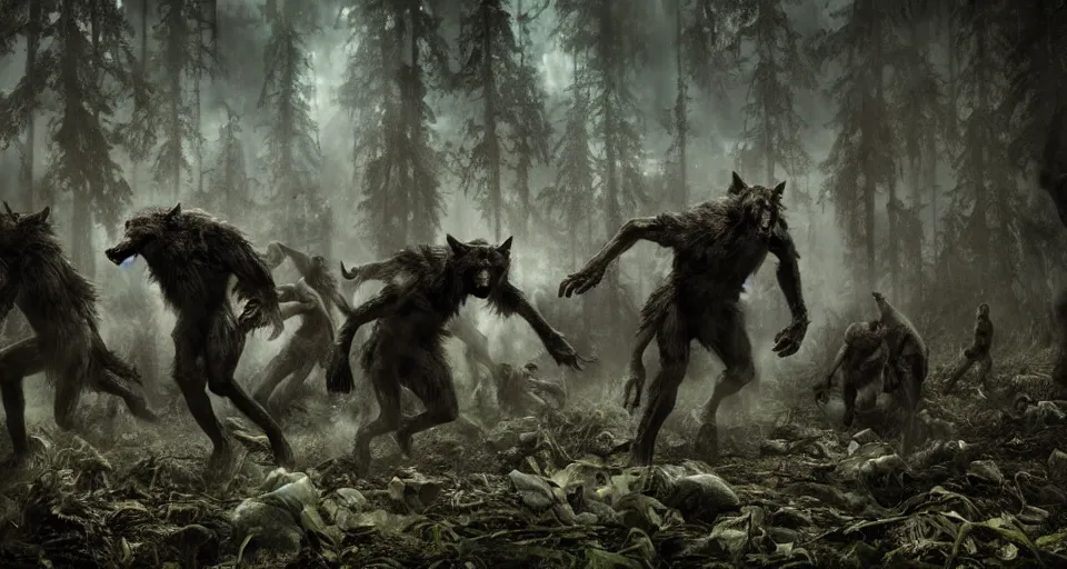 Prompt: an epic action photorealistic masterpiece of a pack of werewolves, in a forest made of nightmares, horrific digital art, extremely moody lighting, style of chippy