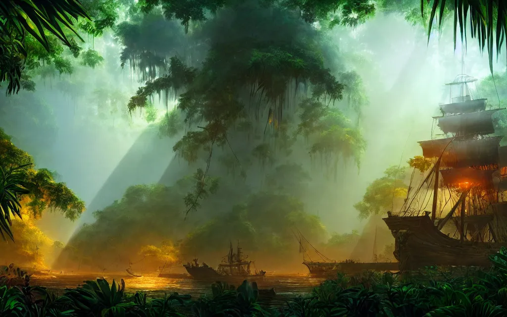 Image similar to a large pirate ship in a dense jungle, misty background, light rays, beautiful lighting, vivid colors, intricate, elegant, highly detailed digital painting, concept art, smooth, sharp focus, unreal engine, 4 k wallpaper, trending on cgsociety, trending on artstation