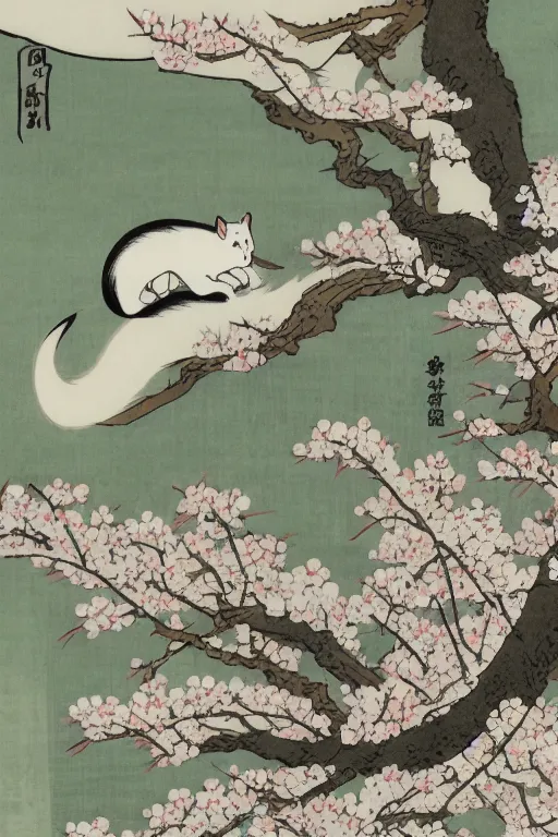 Image similar to white cat in sakura tree in the style of Utagawa Hiroshige, high resolution 4k