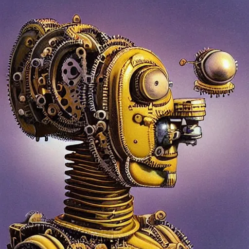 Prompt: a highly detailed retro futuristic robot with gears and other mechanical parts made out of pasta going for a walk outside, a robot made out of pasta, painting by Jim Burns