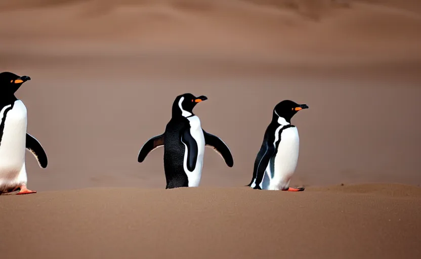 Image similar to confused penguins in sand dunes, photography