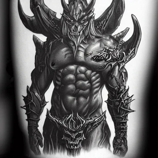 Image similar to detailed demon diablo by blizzard in a heroic pose, full body, greyscale tattoo