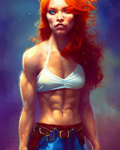 Prompt: female thief, perfect face, magic, halter top, ginger hair, abs, cinematic, freckles, stunning, adorable, cute, athletic, strong, agile, highly detailed, psychedelic, digital painting, artstation, smooth, hard focus, illustration, art by jessica rossier and and brian froud