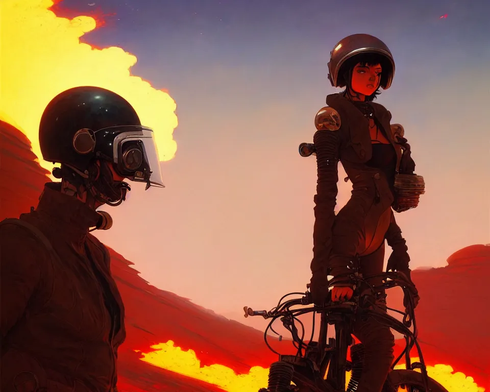 Prompt: a ultradetailed beautiful panting of post apocalyptic biker with helmet in front of burning desert, by ilya kuvshinov, greg rutkowski and makoto shinkai, trending on artstation