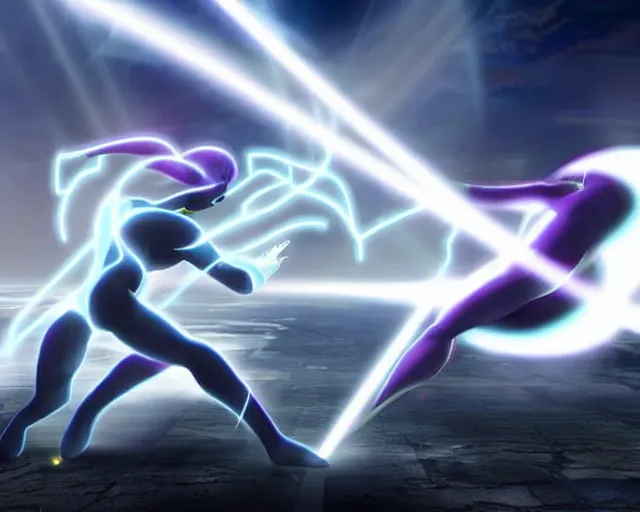 Image similar to mewtwo fighting frieza epic battle, cgi render, lightning, beams of light, wide angle, highly detailed