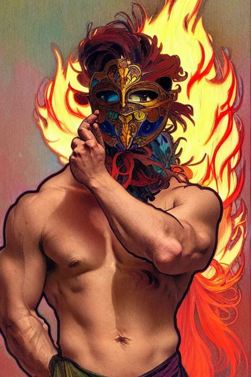 Image similar to A man wearing colorful mask, hair like fire, muscular, painting by greg rutkowski and alphonse mucha