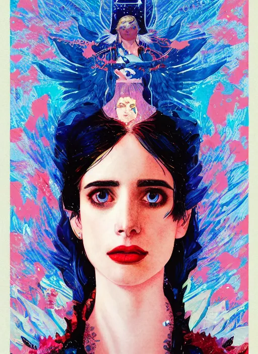 Prompt: a close up gouache painting portrait of emma roberts krysten ritter as the angel of the apocalypse in the style of horizon zero dawn, by victo ngai, by odilon redon, by delphin enjolras, by hikari shimoda,.