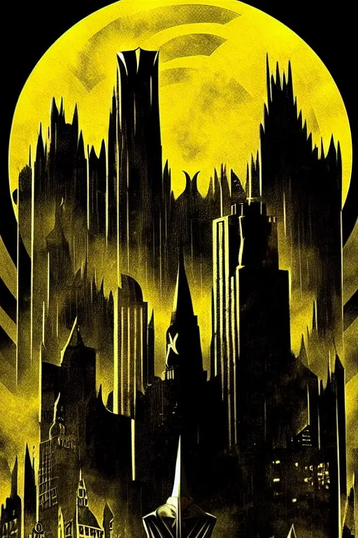 Image similar to gotham city with batman logo in sky, aesthetic, fantasy, bioshock pop art, by mike swiderek, jorge lacera, ben lo, tyler west,, ultrarealistic, sharp focus, intricate, ultra high definition details, shadow effect