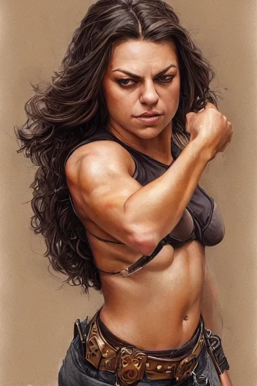 Image similar to muscled Mila Kunis as a ruggedly handsome hero, intricate, elegant, highly detailed, centered, digital painting, artstation, concept art, smooth, sharp focus, illustration, art by artgerm and donato giancola and Joseph Christian Leyendecker, WLOP