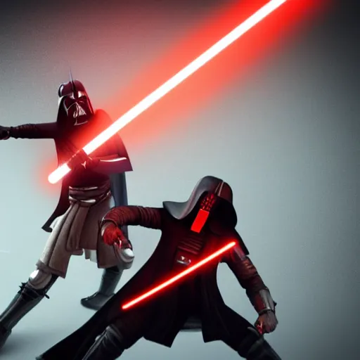 Prompt: picture of Darth Revan fighting obi Wan using lightsaber, blender render