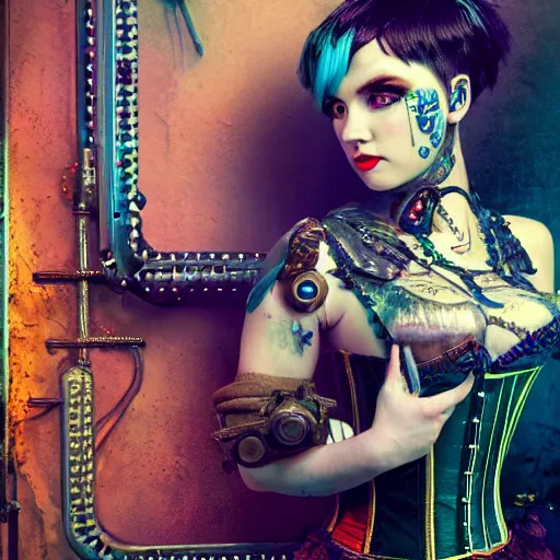 Image similar to photorealistic render of a curiosities carnival, single dollpunk model posing in a full steampunk corset, cyberpunk dyed haircut, looking at camera, symmetry accurate features, focus, rainbow lighting, very intricate details, award winning masterpiece, by tom bagshaw