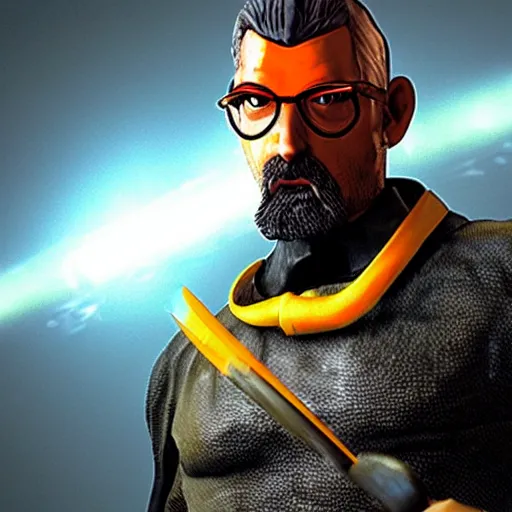 Prompt: gordon freeman with a halo over his head and fish for hands