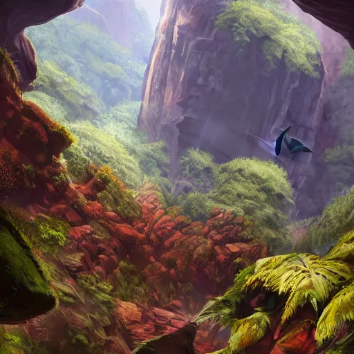 Image similar to Canyon in the jungle with corals and dinosaur dkeletons, 8k, detailed, concept art, trending on artstation