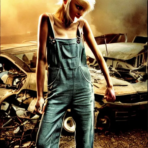 Image similar to a skinny extremely beautiful female high-fantasy elf with a long face narrow chin and short spiky blonde hair wearing dark brown overalls and holding a bomb next to a destroyed car, gel spiked blond hair, narrow lips, high resolution film still, HDR color, photograph by Mario Testino