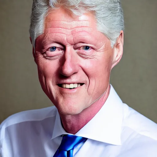 Image similar to dreamy picture of very pale Bill Clinton wearing a white shirt and smiling, upper body picture, photography, portrait