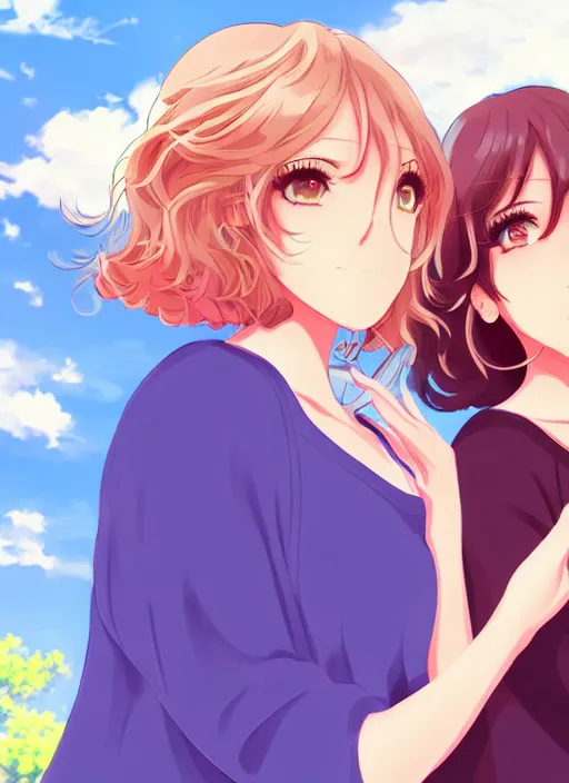 Image similar to two beautiful mature women under a blue sky, casual summer clothes, gorgeous faces, thick lines, cinematic lighting, detailed anime art