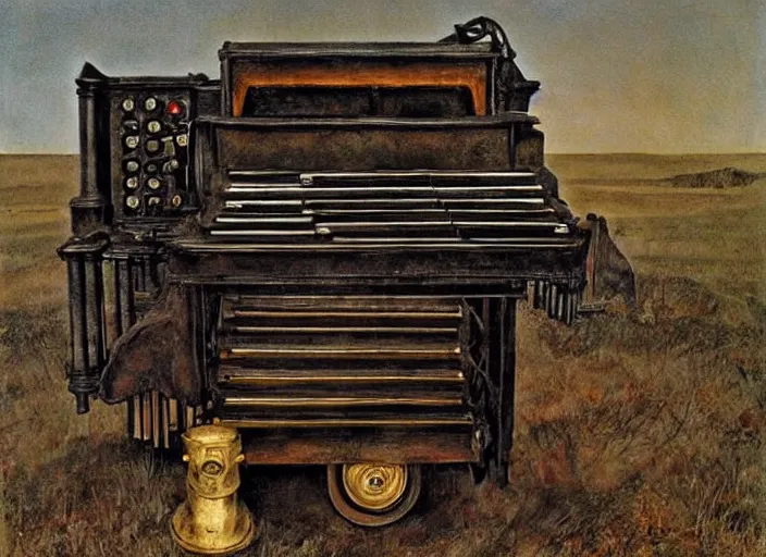 Image similar to mad max fury style pipe organ, painting by andrew wyeth, very detailed, somber mood,