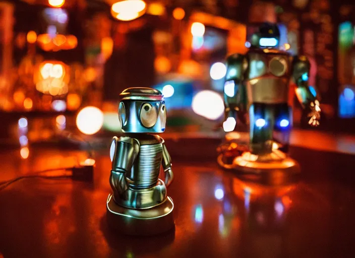 Prompt: a 2 8 mm macro kodachrome photo of a sad metallic robot with glowing lights and electric wires, getting drunk alone at a bar in the 1 9 5 0's, seen from a distance, bokeh, canon 5 0 mm, cinematic lighting, film, photography, golden hour, depth of field, award - winning