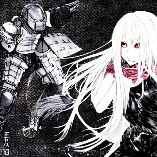 Image similar to extremely strong white haired girl fighting a full armored black knight, art by inio asano