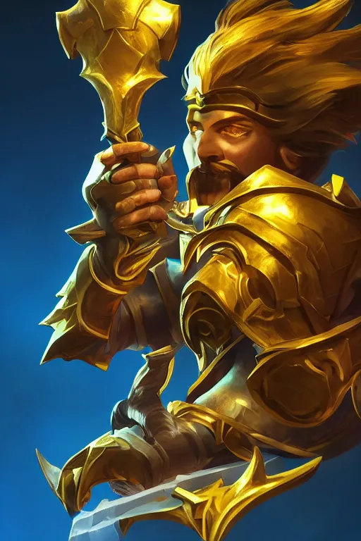 Image similar to a magical golden weapon, d & d, league of legends, concept art, blue background, dramatic lighting. realistic, epic legends, game icon, global illumination, ian pesty