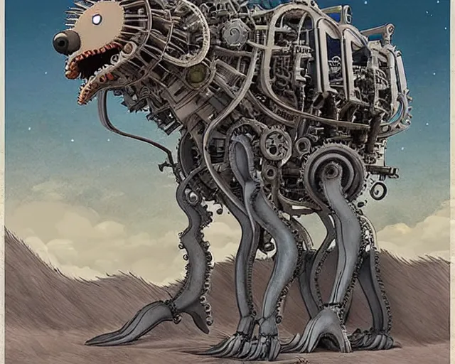 Prompt: a mechanical blueprint of a lovecraftian mechanized wolf from howl's moving castle ( 2 0 0 4 ), with a big head, in a war - torn desert village, wide shot, in front of a big moon, muted colors, post grunge, studio ghibli, hq, art by artgem