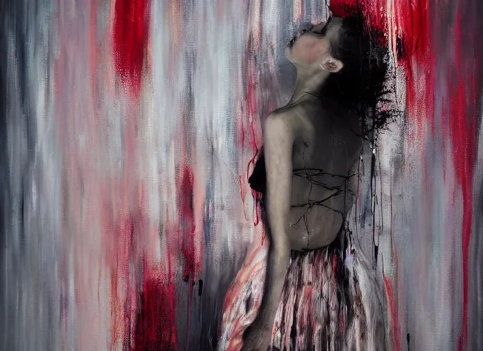 Prompt: young ballerina floating in paint in a big dark room, painted in style of marlene dumas, andreas gursky, pat steir, oil painting, dripping paint, threads, neon, glitch, intricate details, lonely, psychologic, melancholic, symmetrical face, hyper detailed, rendered in octane, cg society contest winner, altermodern
