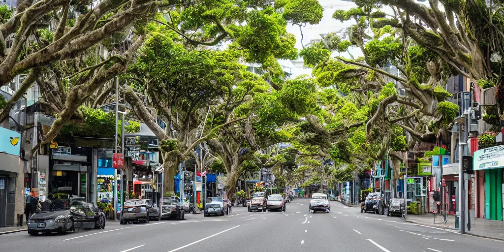 Prompt: a city street in wellington, new zealand but the buildings are interspersed with enormous ancient rimu trees full of epiphytes with birds perching amongst the leaves.