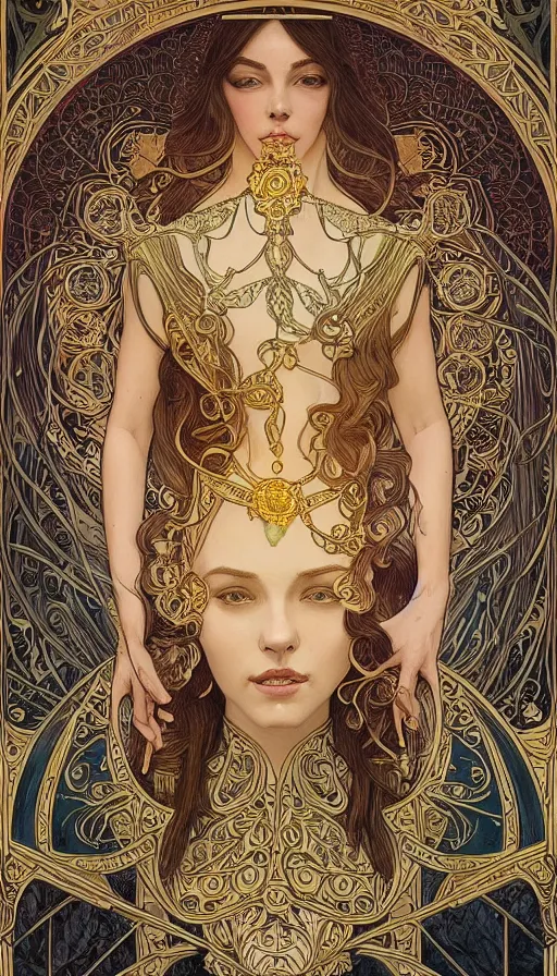 Image similar to a queen, highly detailed, very intricate, art nouveau, gold filigree, left right symmetry, tarot concept art watercolor illustration by mandy jurgens and alphonse mucha and alena aenami, featured on artstation